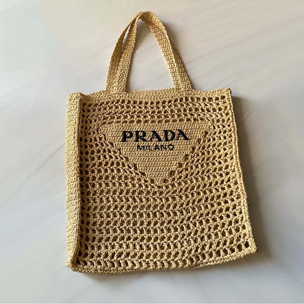 Prada Raffia Crochet Wicker Tote Bag Natural